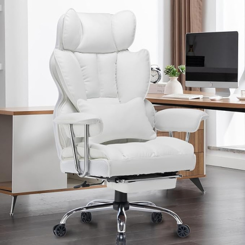 Efomao Big and Tall Office Chair 400lbs – PU Leather Executive Desk Chair with Lumbar Support & Leg Rest, Heavy-Duty Computer Chairs for Home Office, White